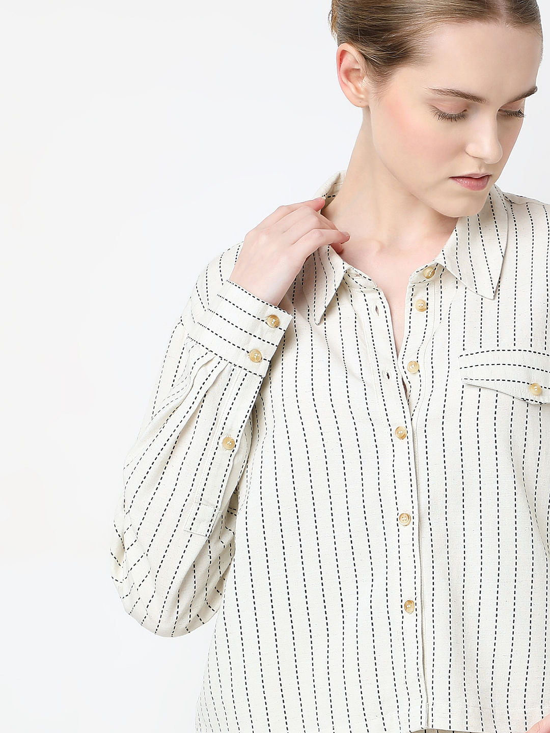 Beige Striped Co-Ord Set Shirt