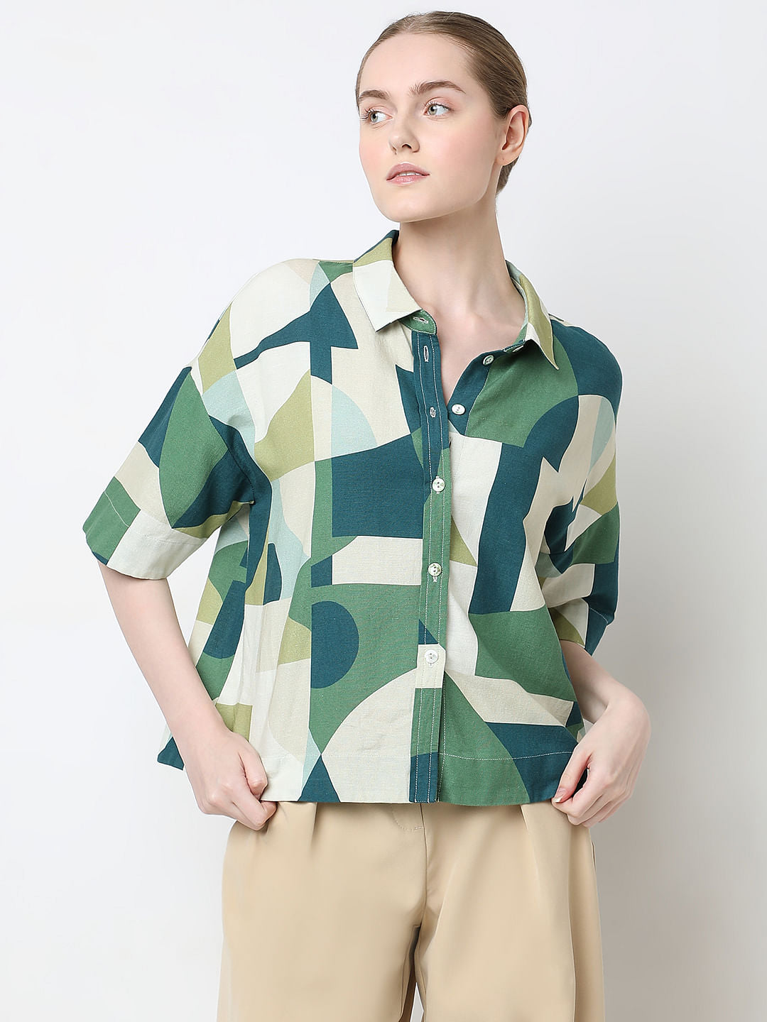 Ecru Geometric Print Shirt