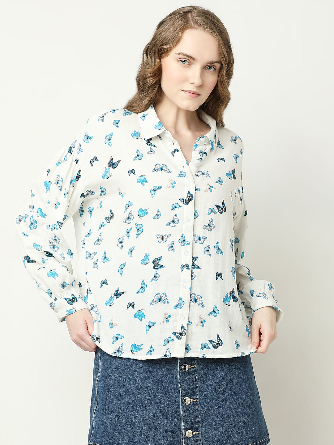 White Butterfly Print Shirt