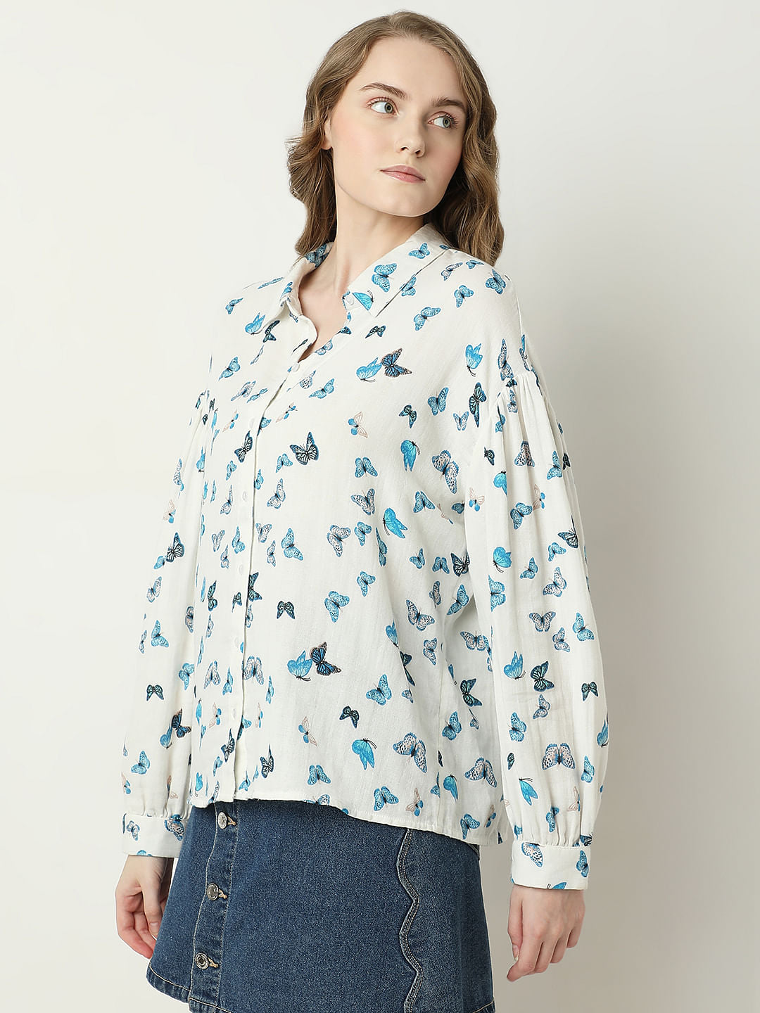 White Butterfly Print Shirt