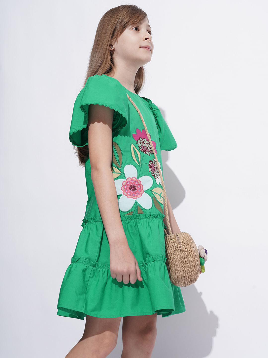 Girls Green Floral Applique Detail Dress