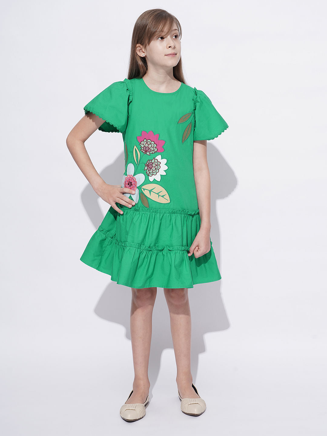Girls Green Floral Applique Detail Dress