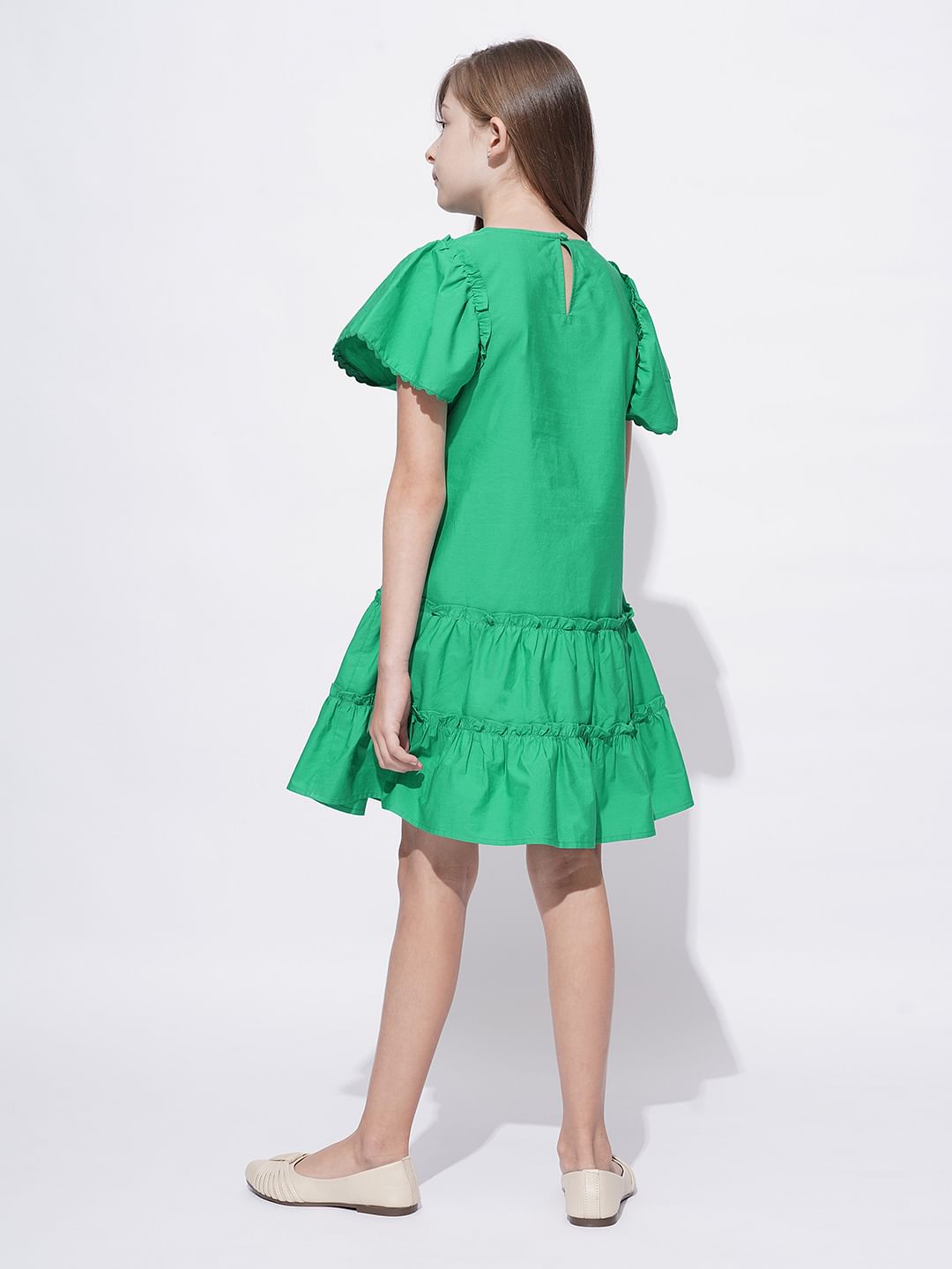 Girls Green Floral Applique Detail Dress