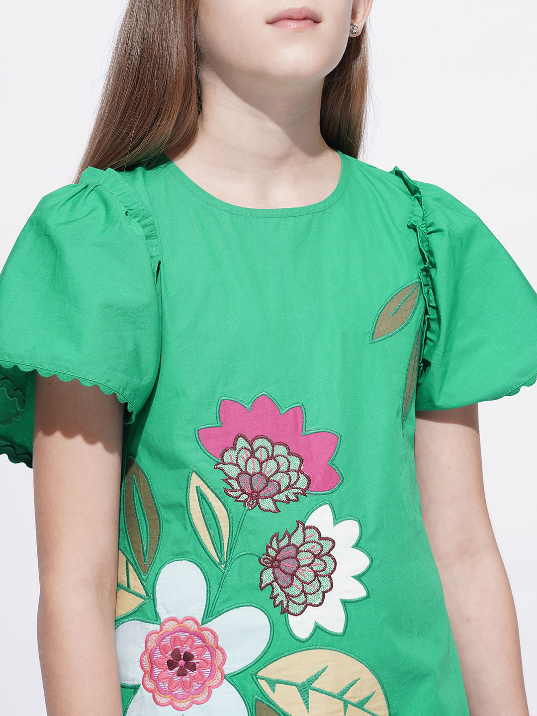 Girls Green Floral Applique Detail Dress