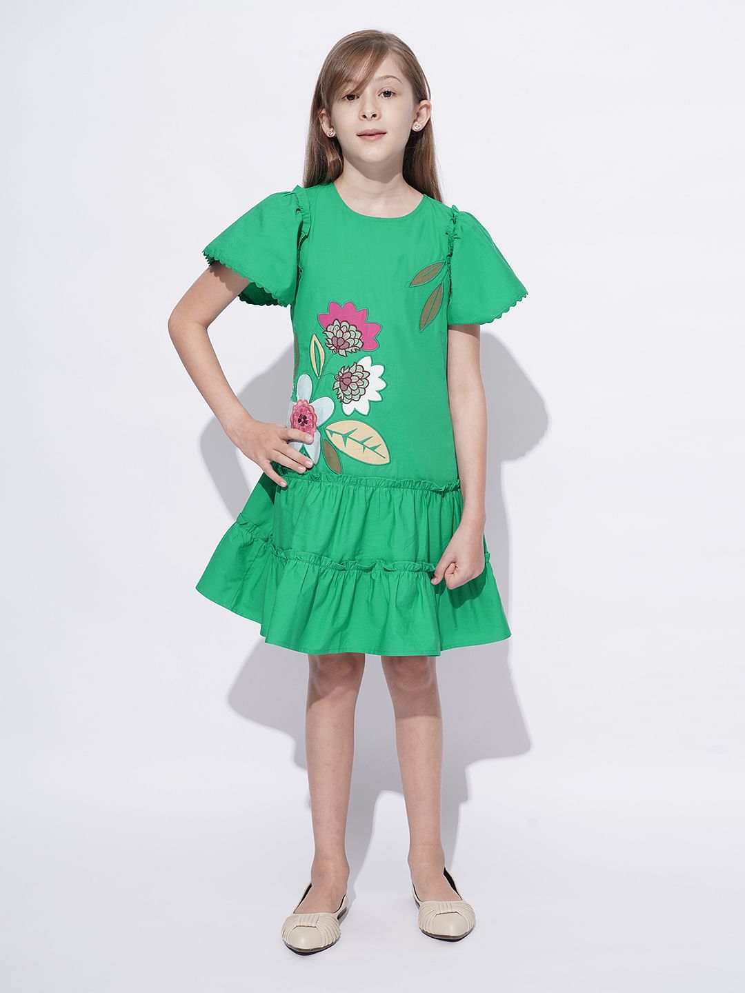 Girls Green Floral Applique Detail Dress