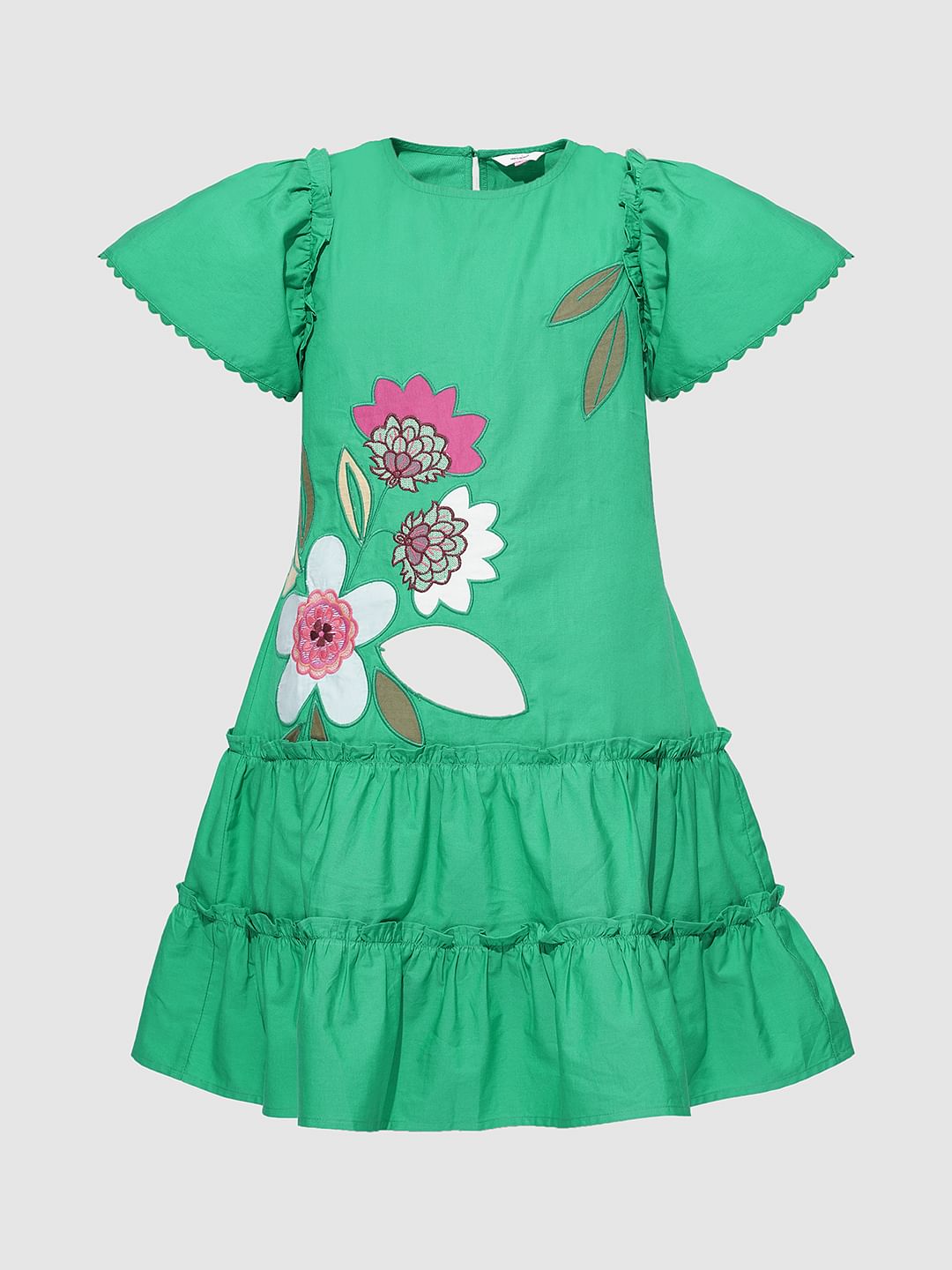 Girls Green Floral Applique Detail Dress