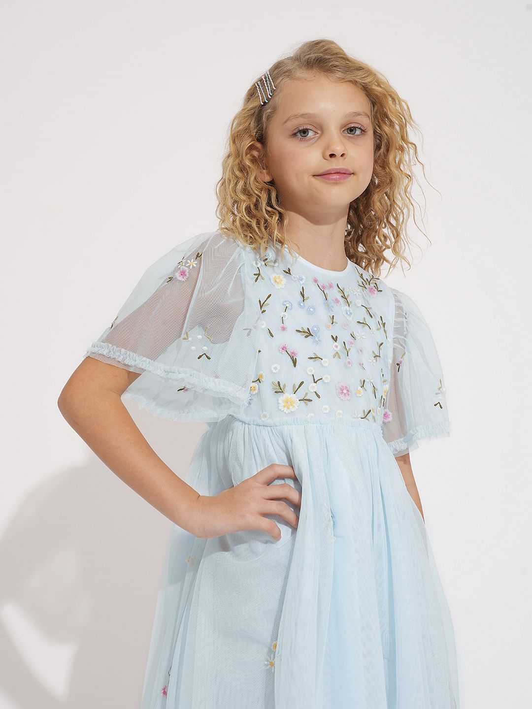 Girls Light Blue Tulle Embroidered Dress
