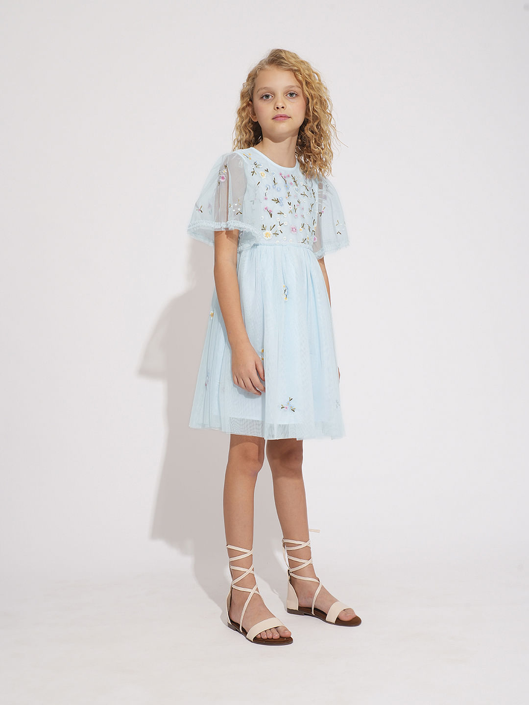 Girls Light Blue Tulle Embroidered Dress
