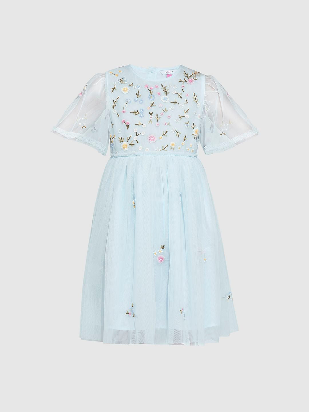 Girls Light Blue Tulle Embroidered Dress