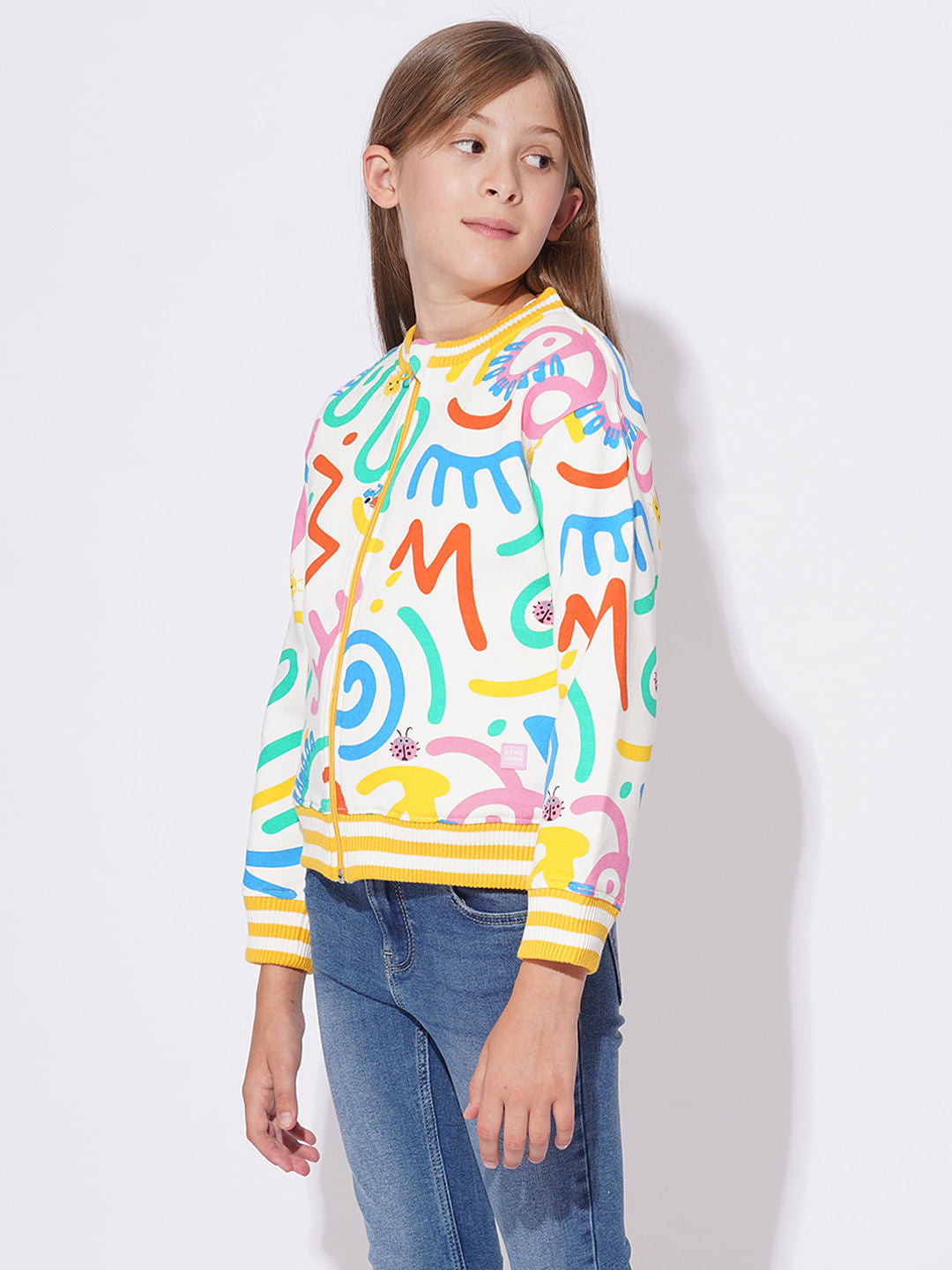 Girls White Printed Sweat Shirt