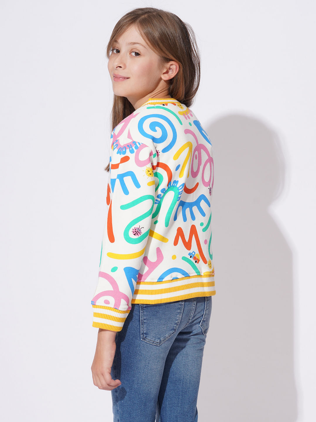 Girls White Printed Sweat Shirt