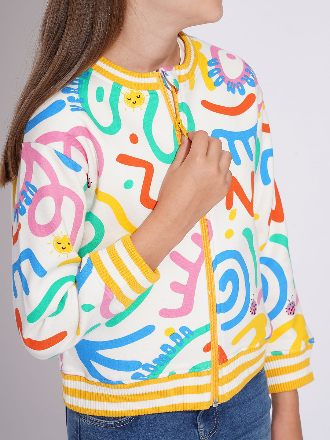 Girls White Printed Sweat Shirt