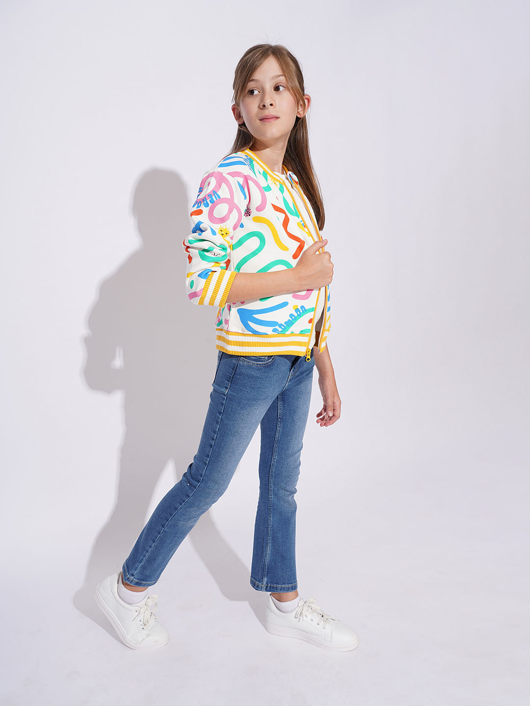 Girls White Printed Sweat Shirt