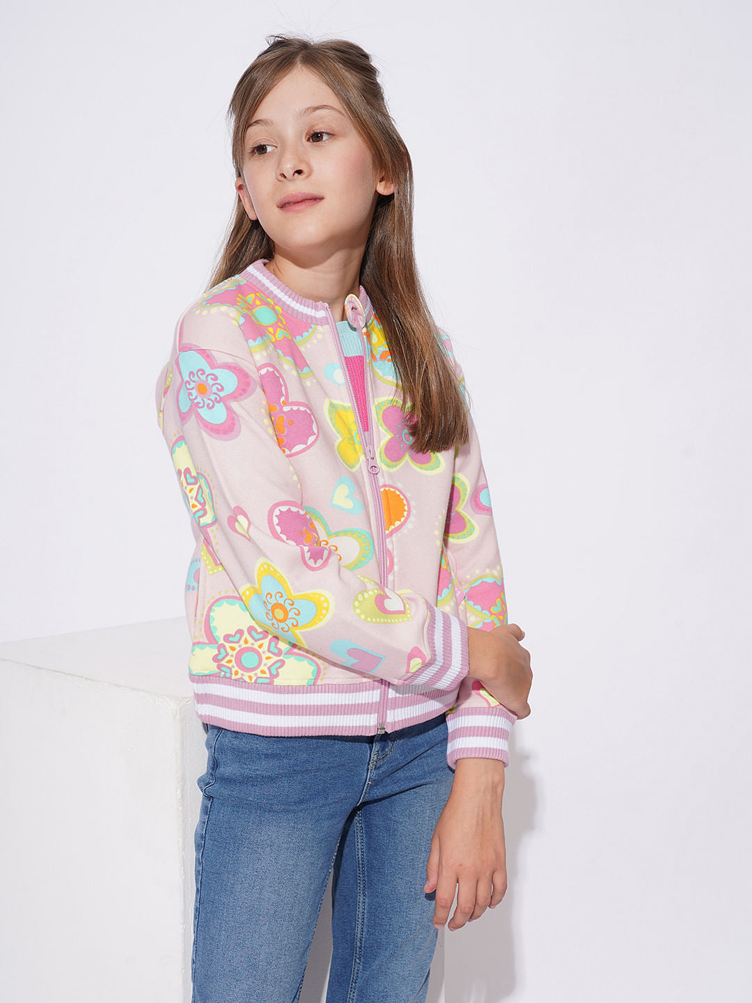 Girls Pink Printed Sweat Shirt