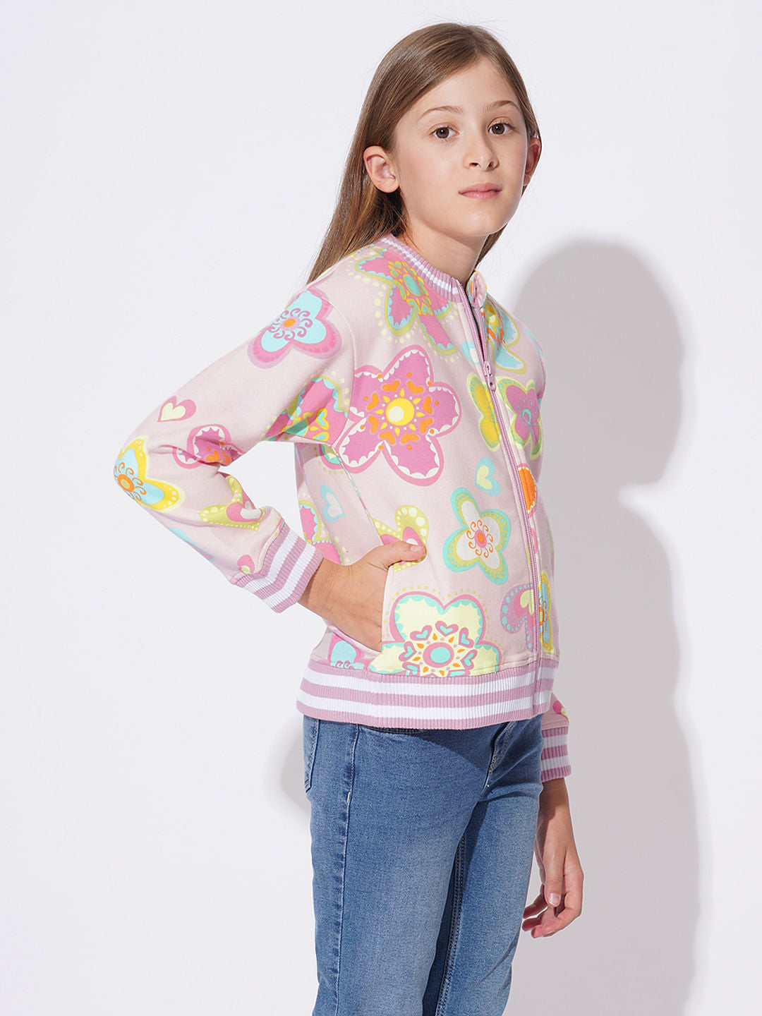 Girls Pink Printed Sweat Shirt