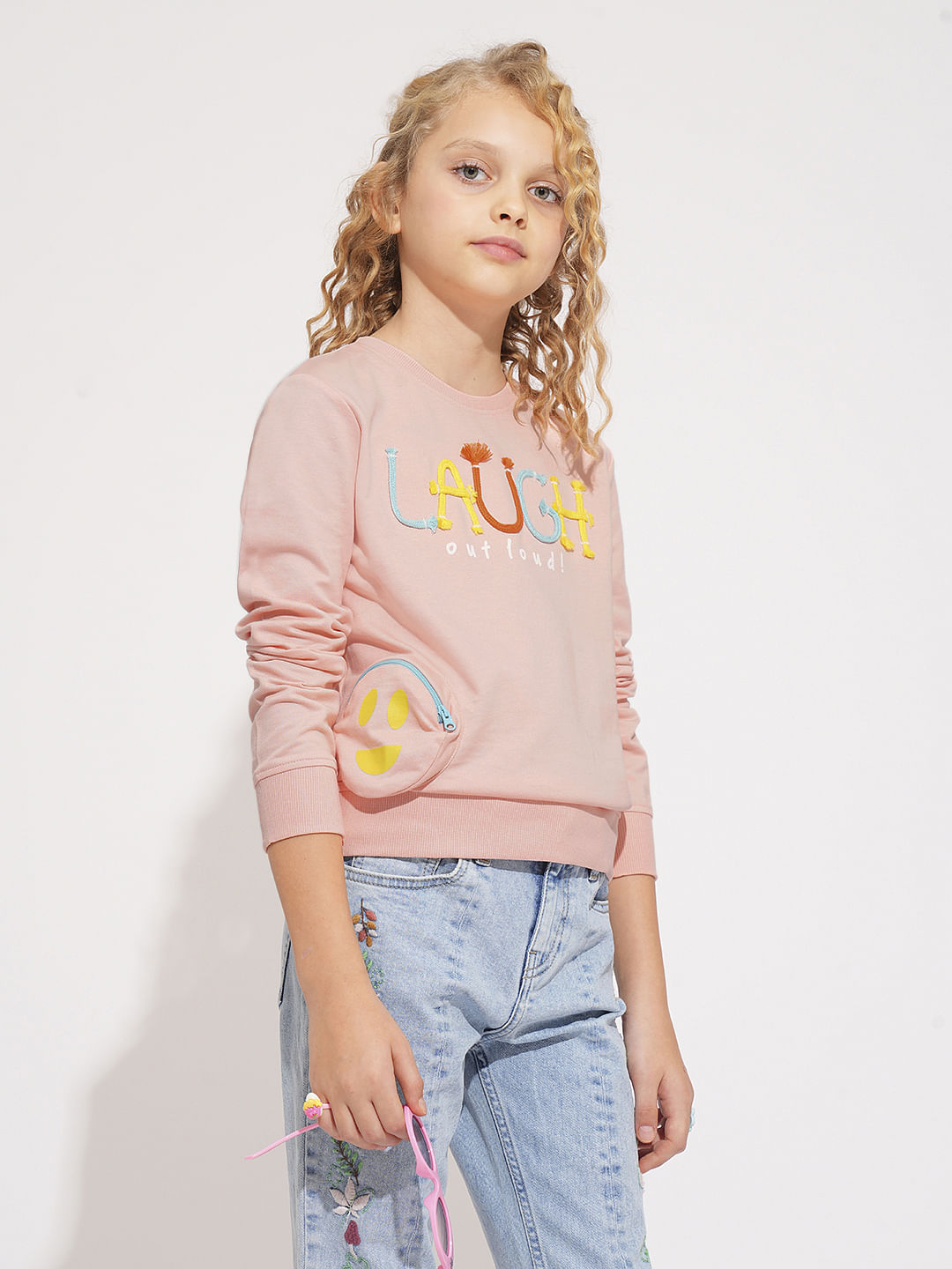 Girls Pink 3D Print Cotton Sweatshirt