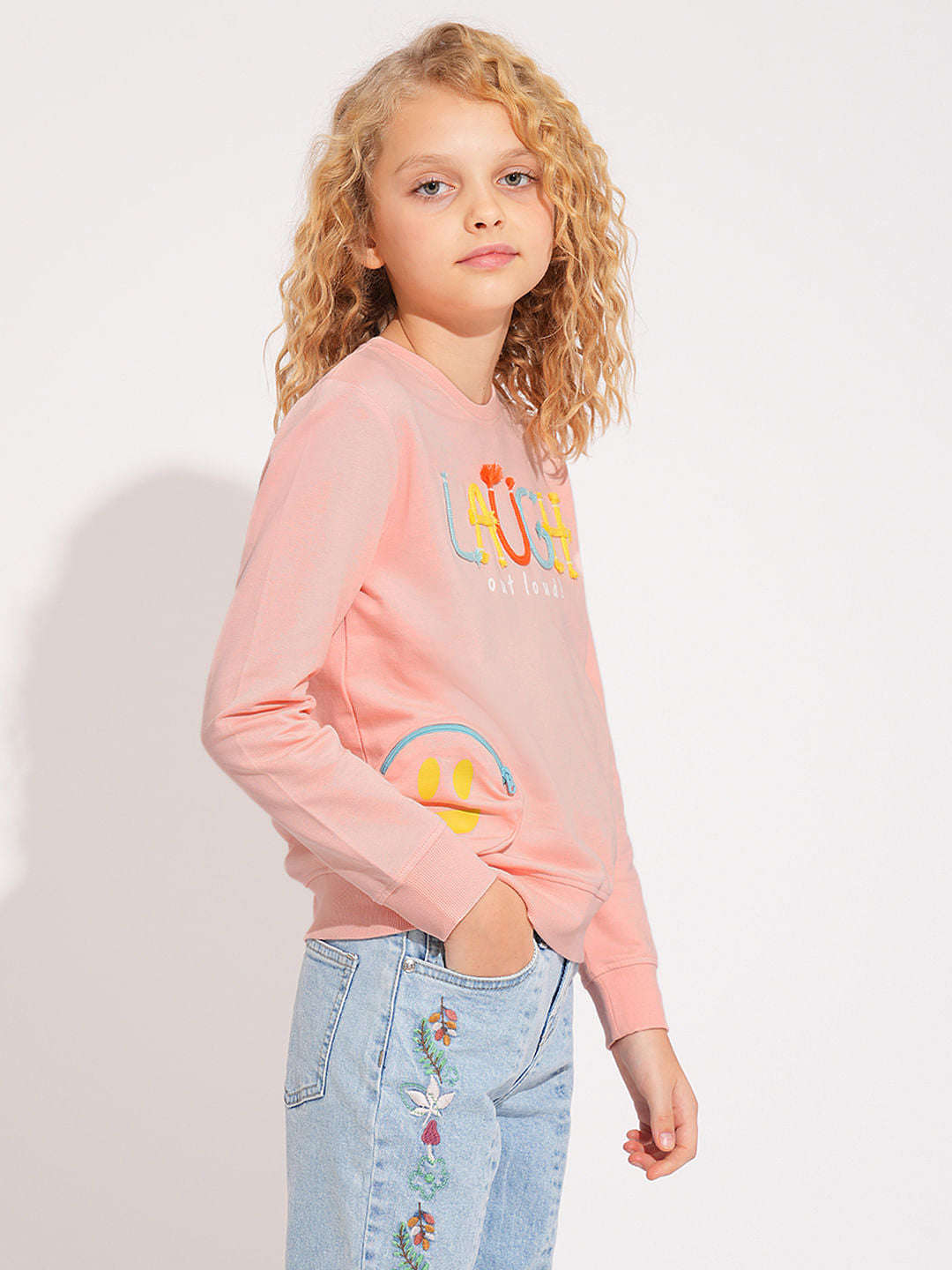 Girls Pink 3D Print Cotton Sweatshirt