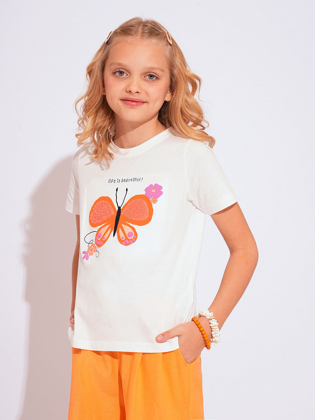 Girls White Terry Embroidered Print T-Shirt