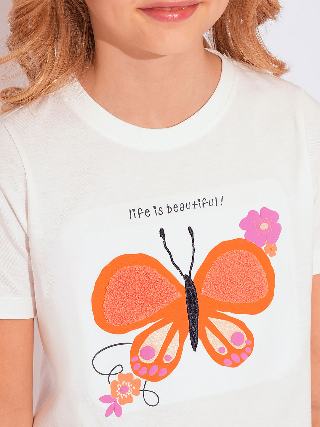 Girls White Terry Embroidered Print T-Shirt