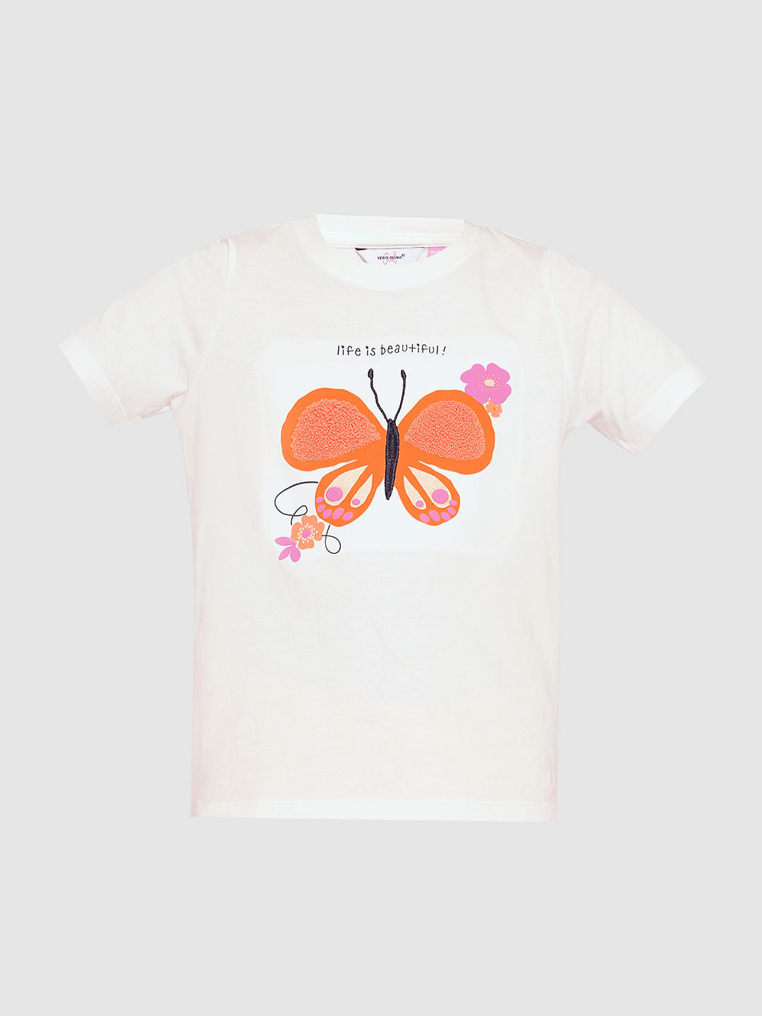 Girls White Terry Embroidered Print T-Shirt