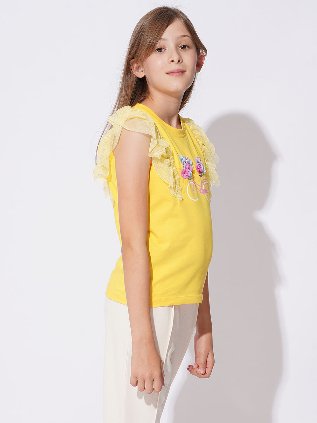 Girls Yellow Embellished Graphic T-Shirt