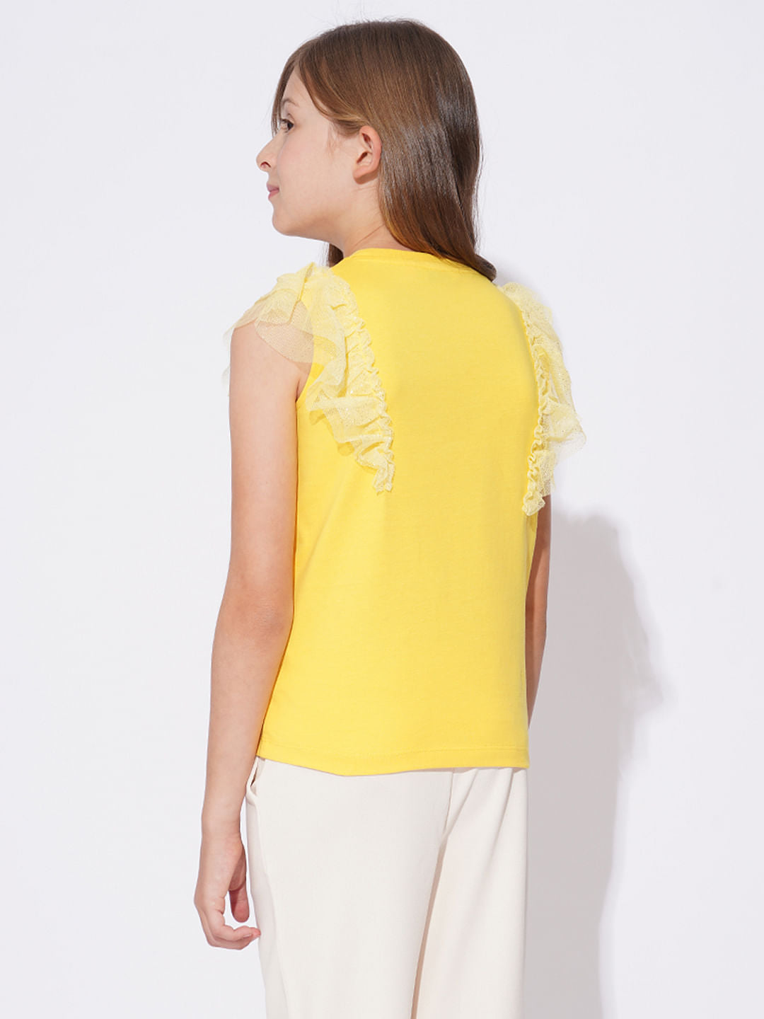 Girls Yellow Embellished Graphic T-Shirt