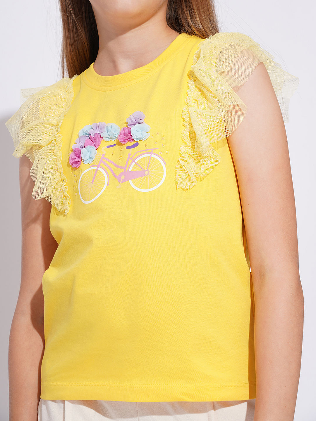 Girls Yellow Embellished Graphic T-Shirt