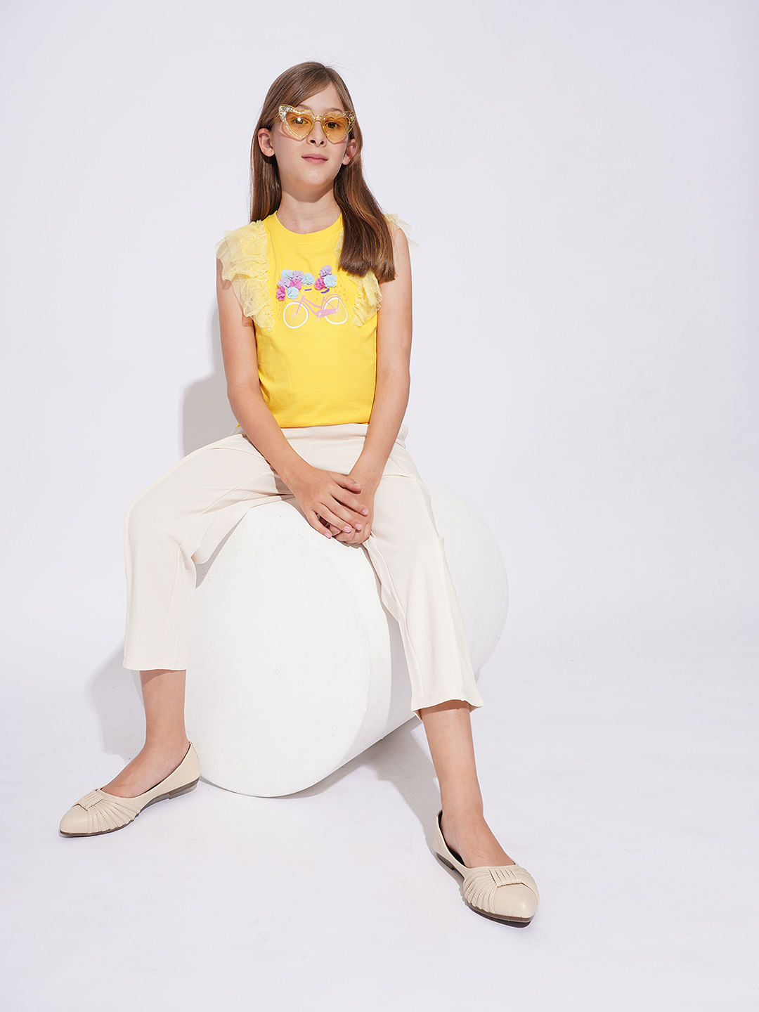 Girls Yellow Embellished Graphic T-Shirt