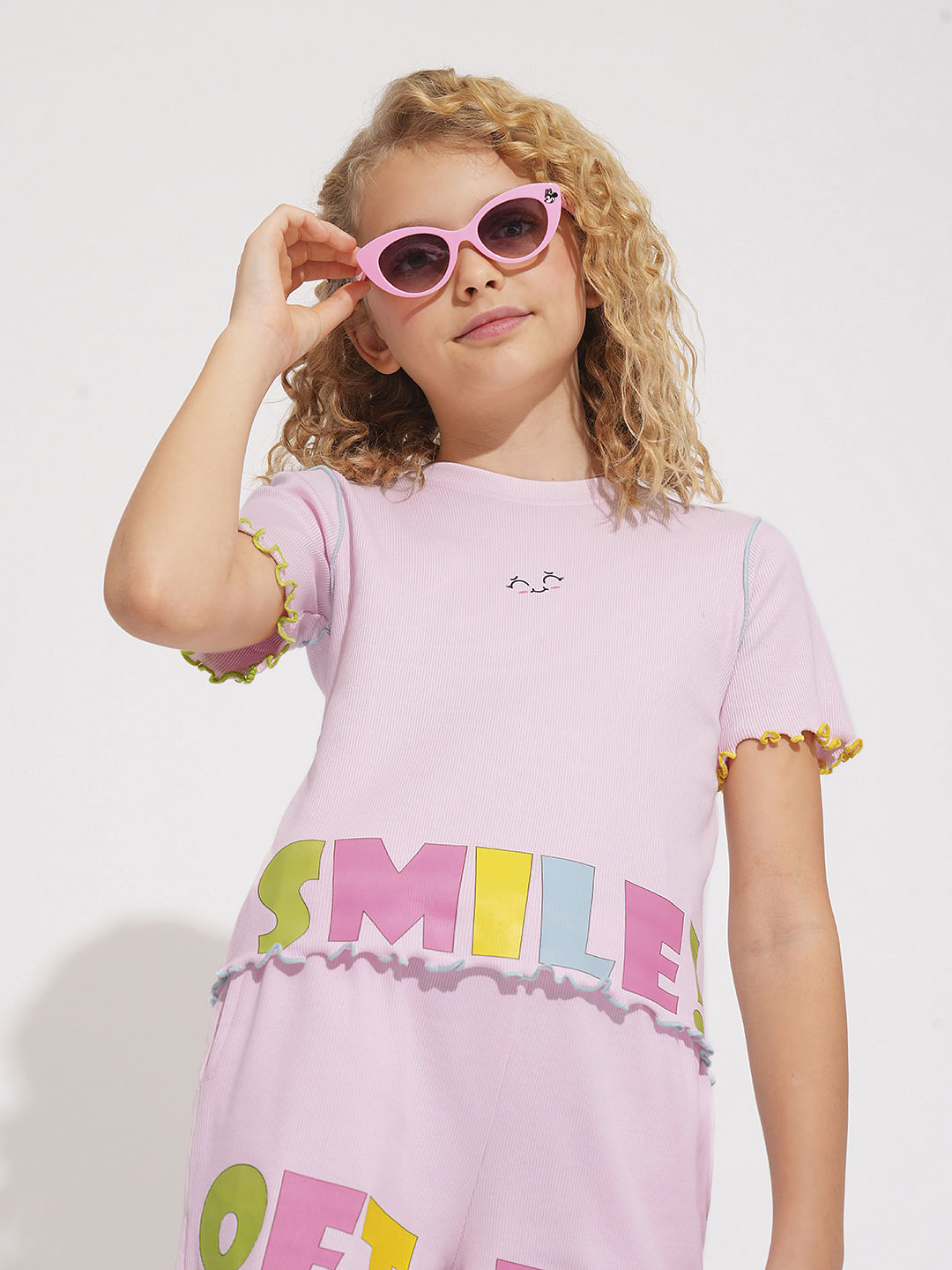 Girls Pink Printed Co-Ord Set T-Shirt