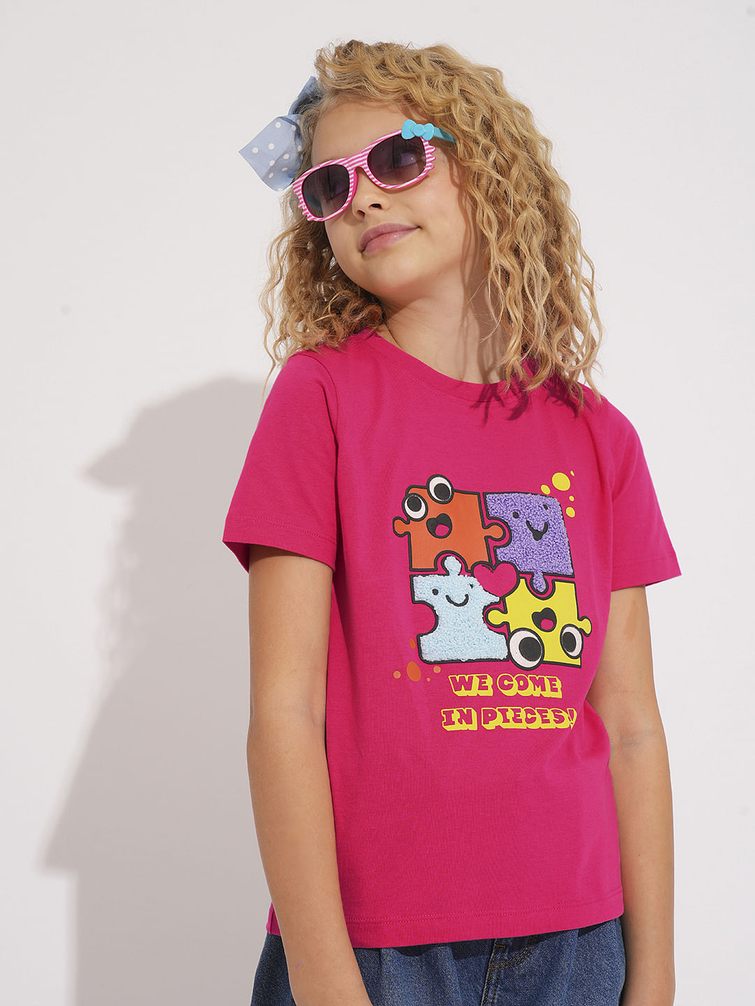 Girls Pink Terry Embroidered Cotton T-Shirt