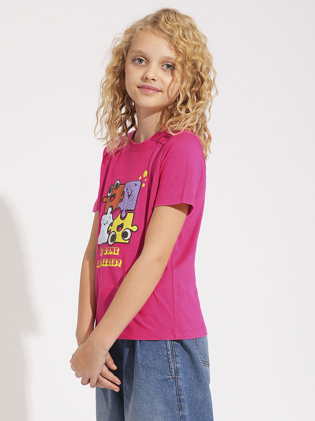 Girls Pink Terry Embroidered Cotton T-Shirt