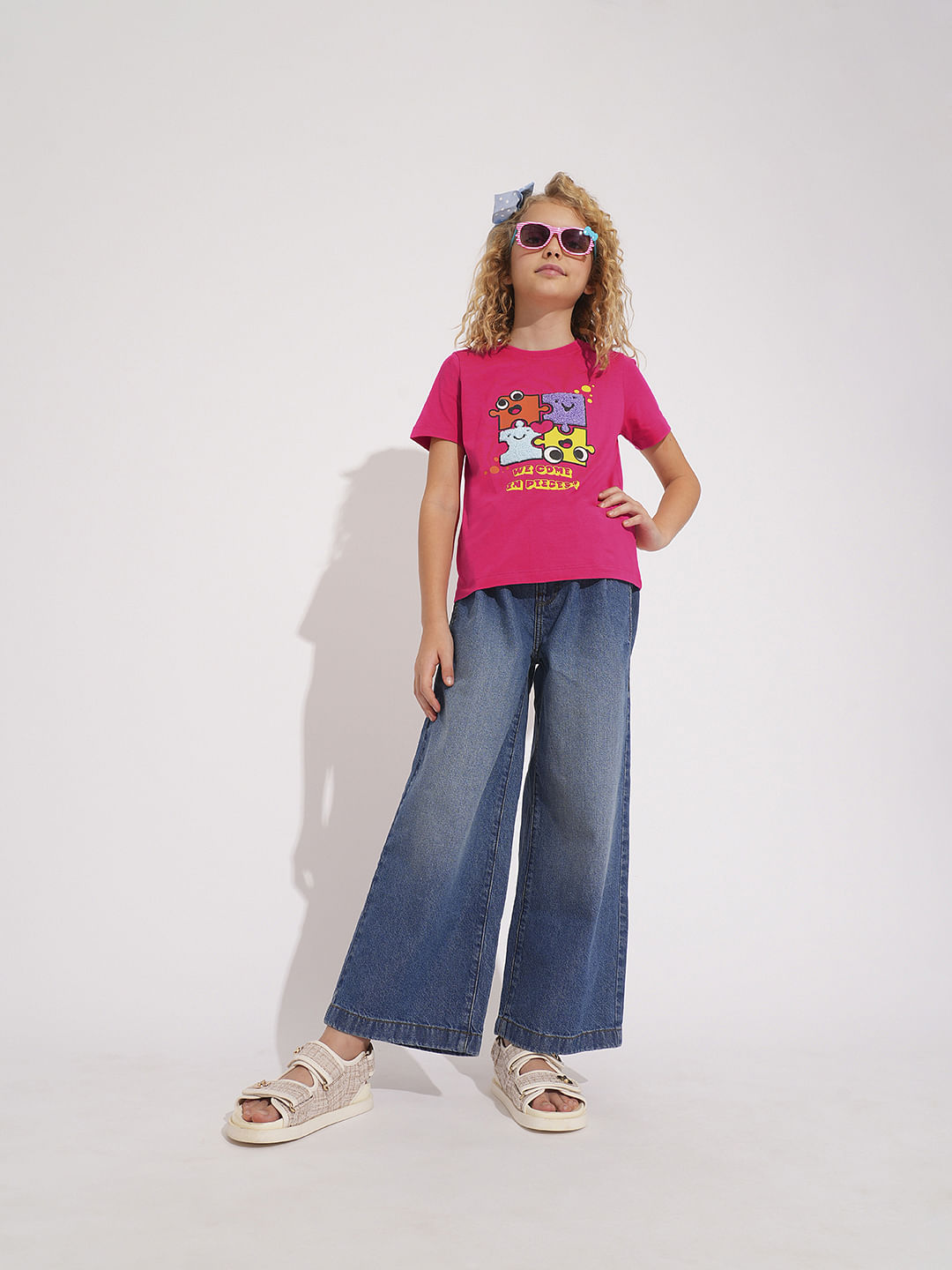 Girls Pink Terry Embroidered Cotton T-Shirt