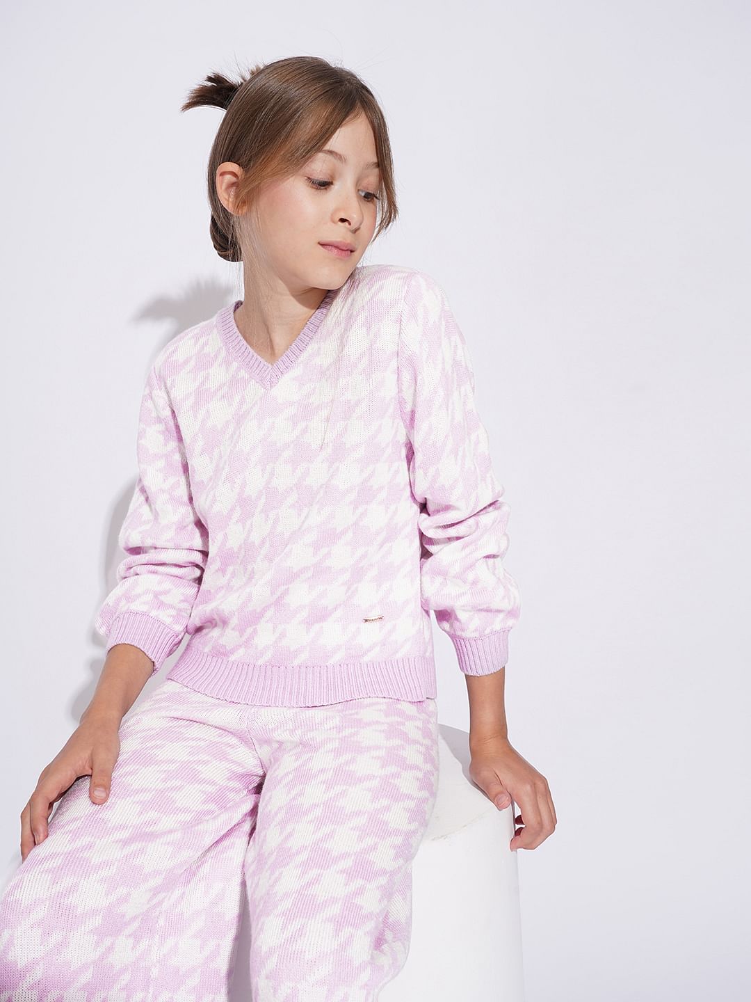 Girls Lilac Houndstooth Co-Ord Set Top