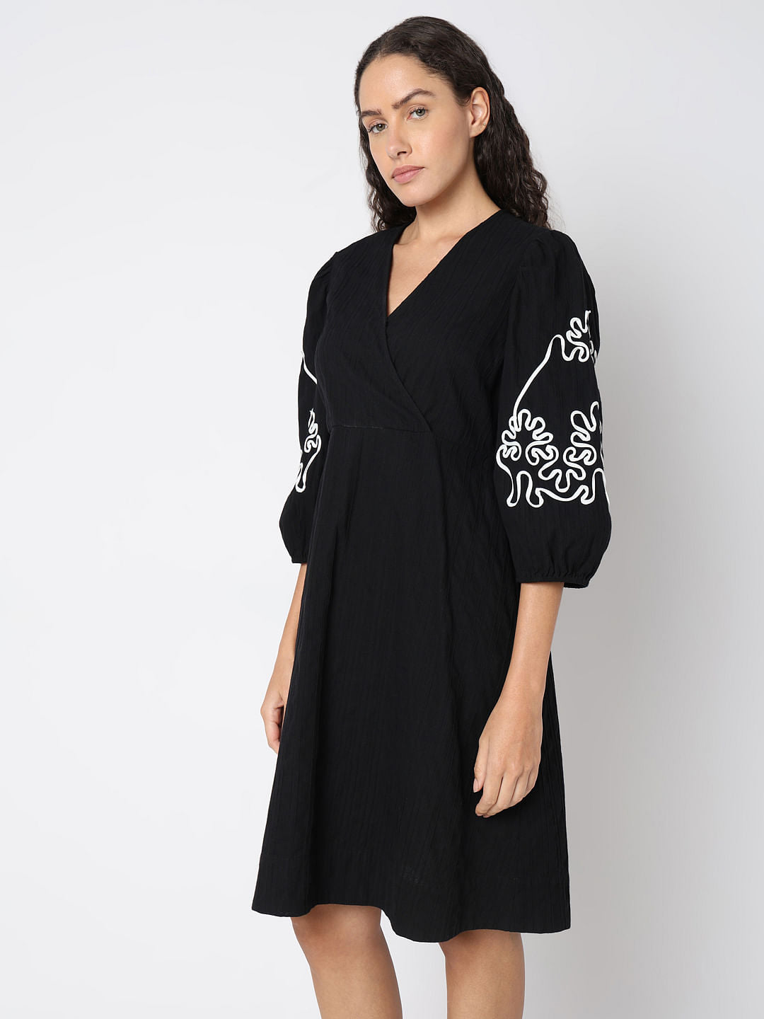 Black Puff Sleeves Cotton Dress