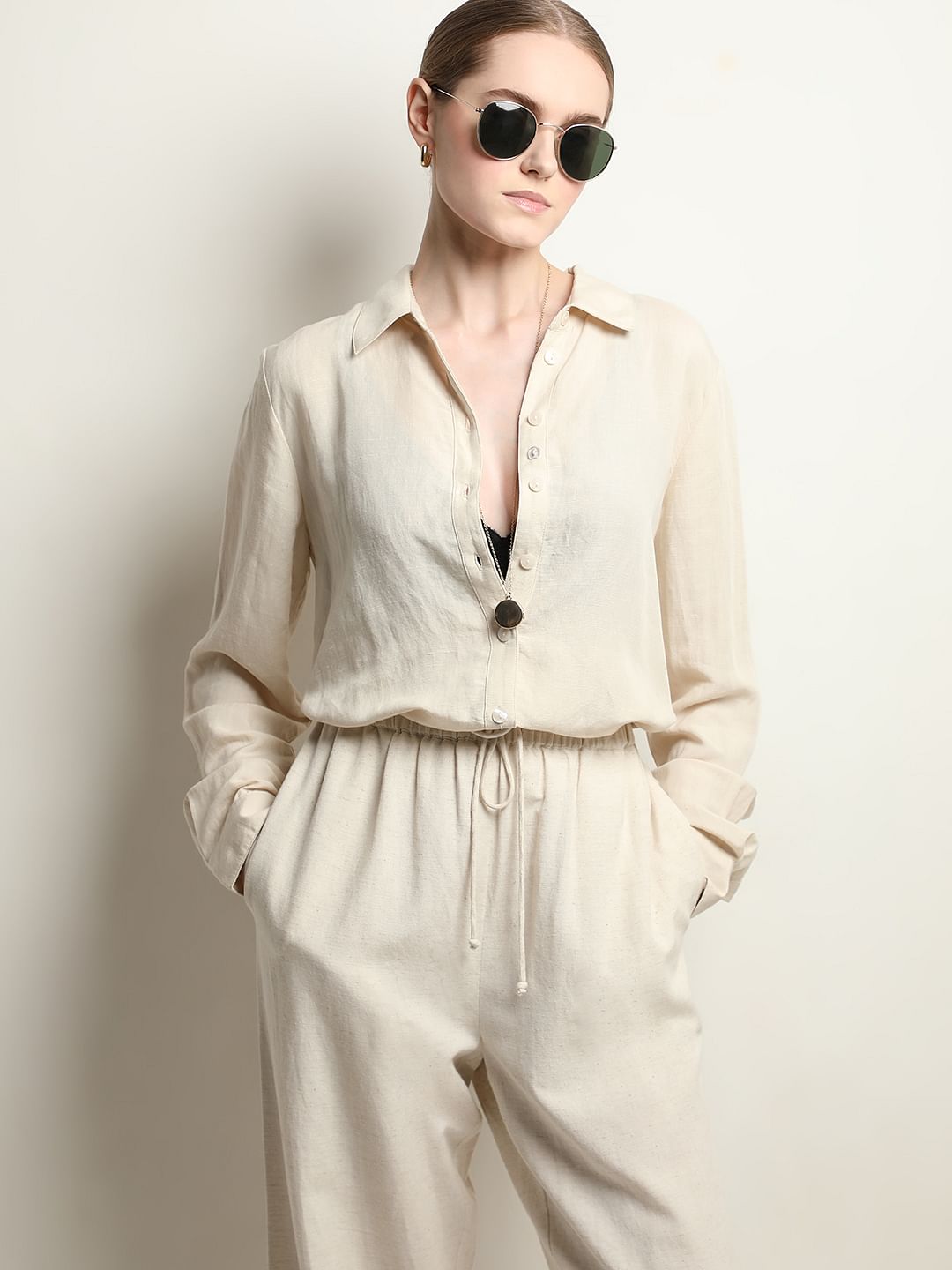 Light Beige Linen Co-Ord Set Shirt