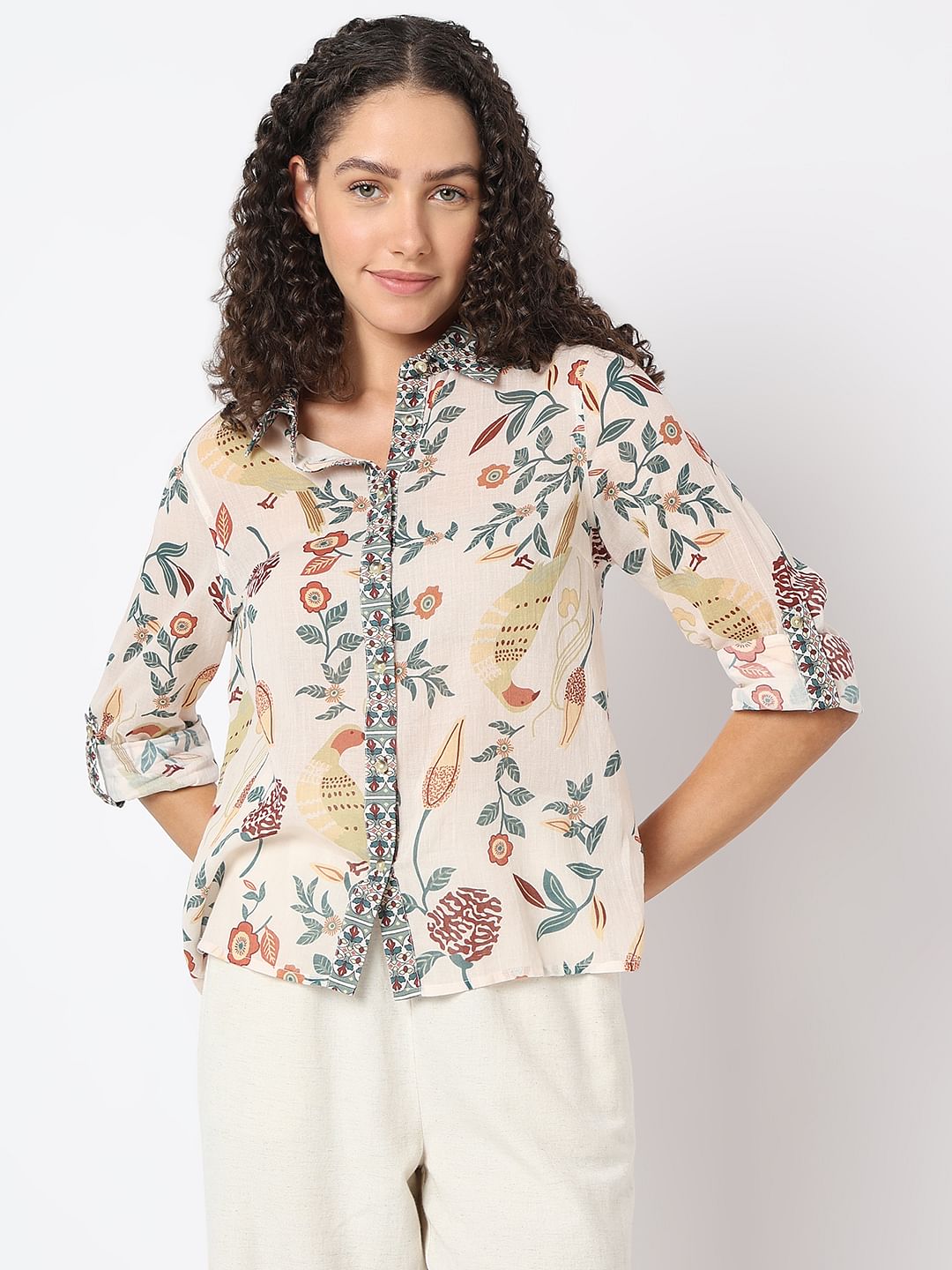 Beige Printed Cotton Shirt