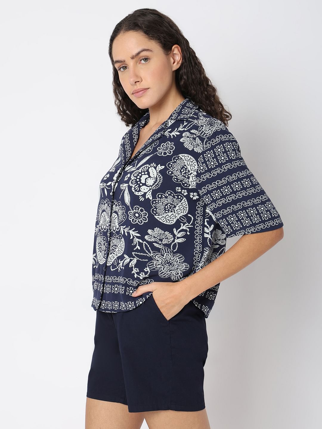 Navy Blue Printed Viscose Shirt