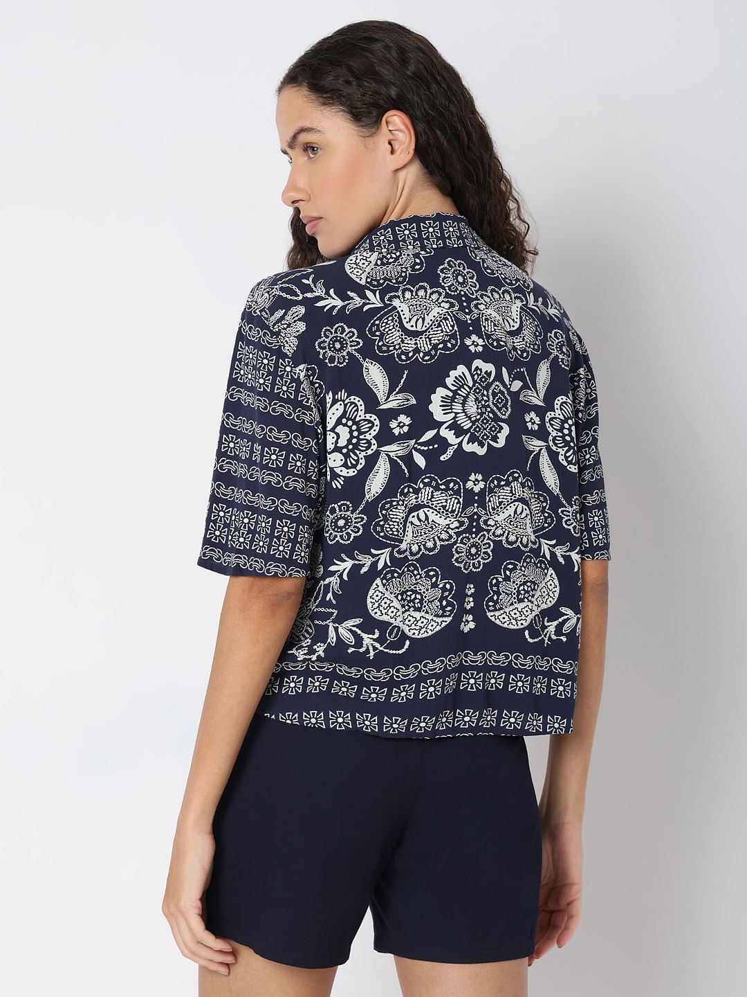 Navy Blue Printed Viscose Shirt