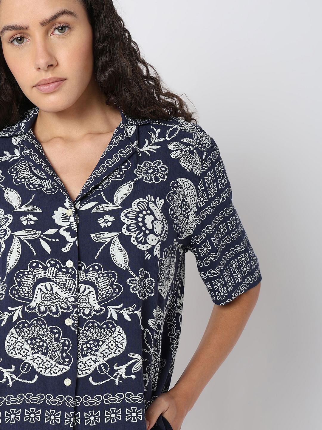 Navy Blue Printed Viscose Shirt