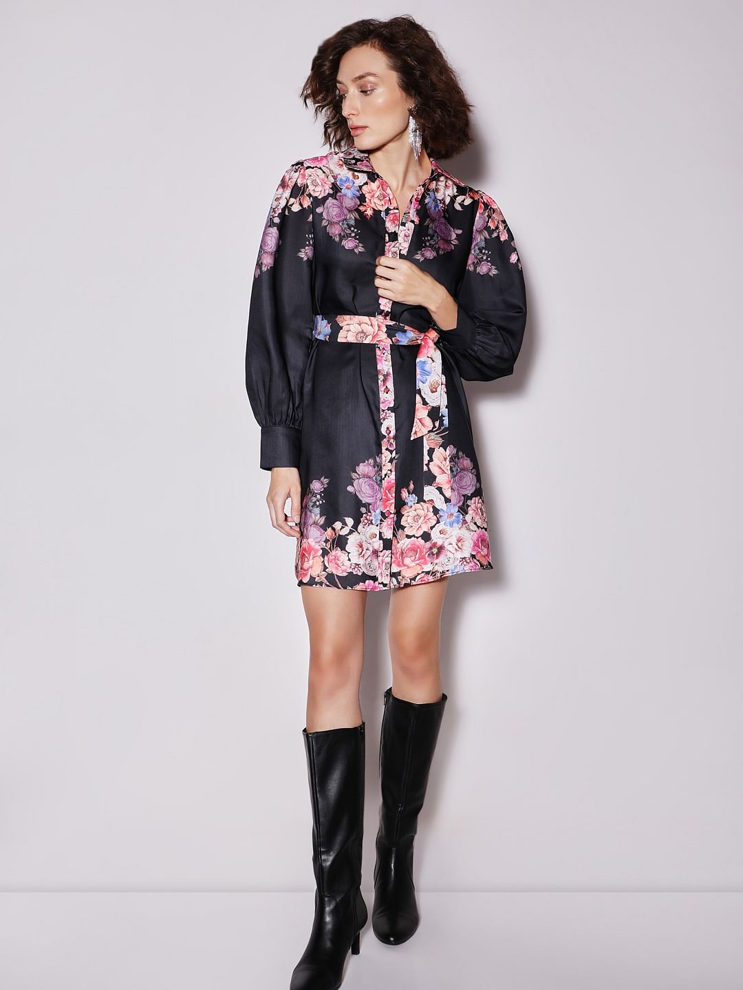 Black Floral Print Short Shirt Dress