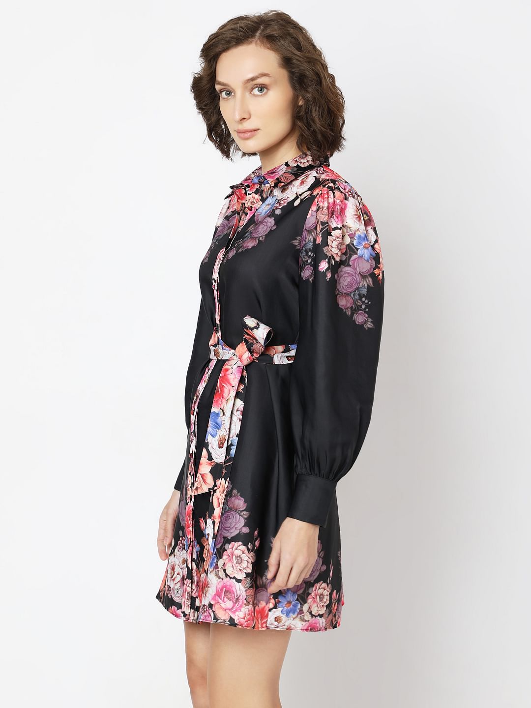 Black Floral Print Short Shirt Dress