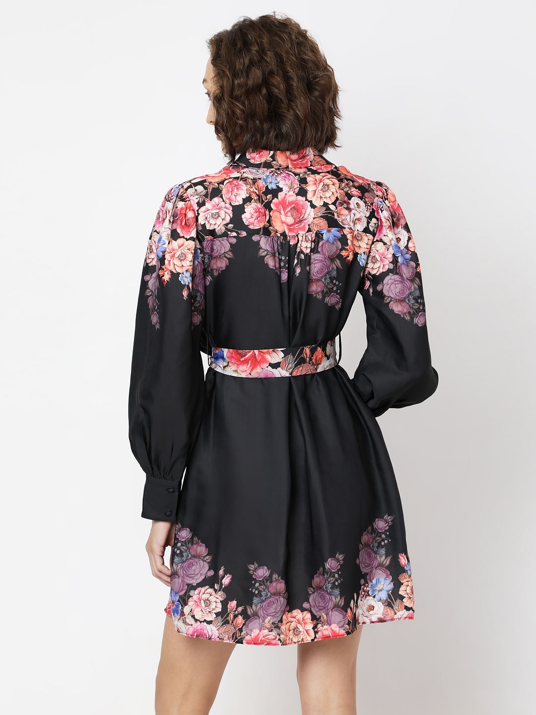 Black Floral Print Short Shirt Dress