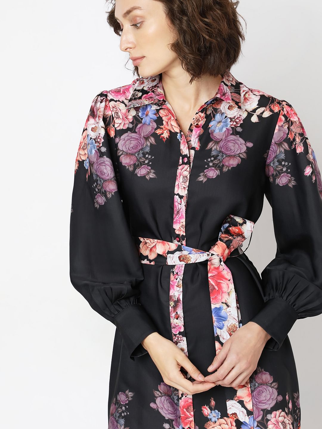 Black Floral Print Short Shirt Dress
