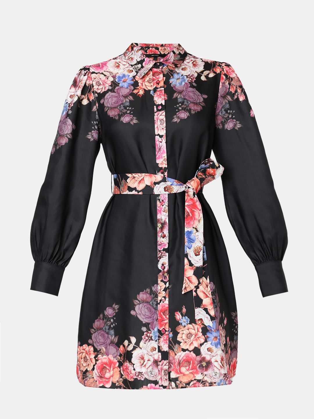 Black Floral Print Short Shirt Dress