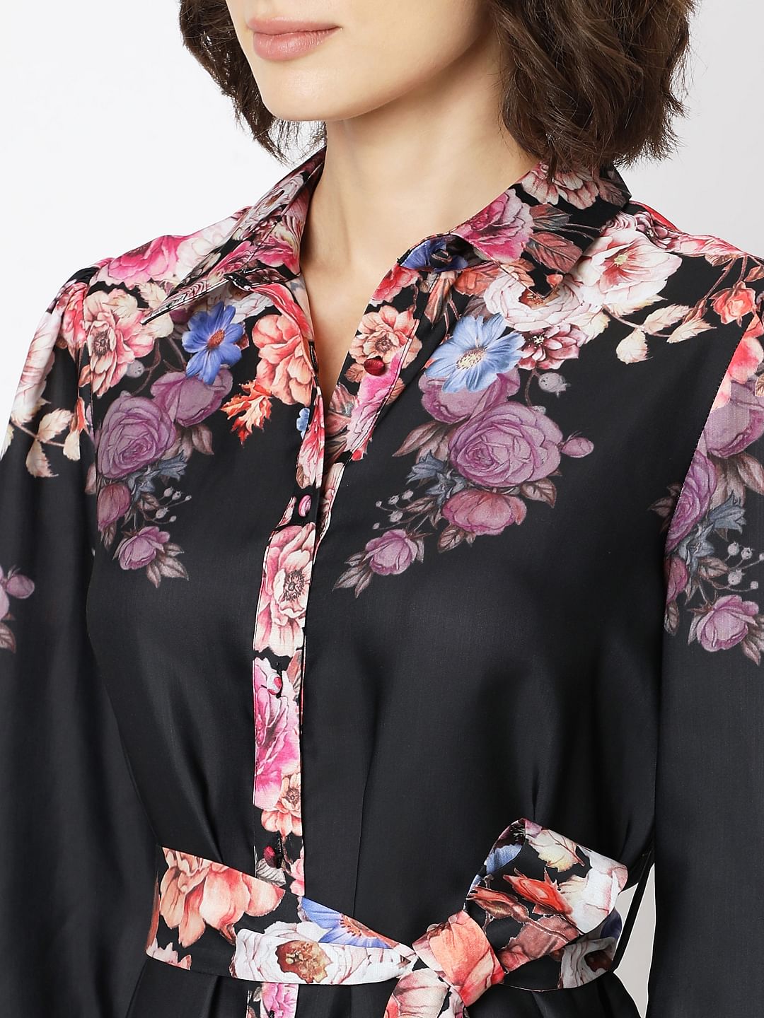 Black Floral Print Short Shirt Dress