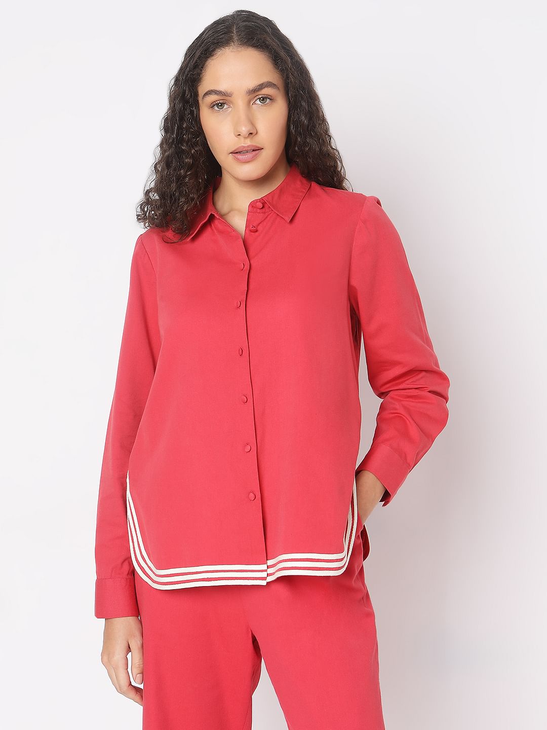 Red Contrast Hem Co-Ord Set Shirt
