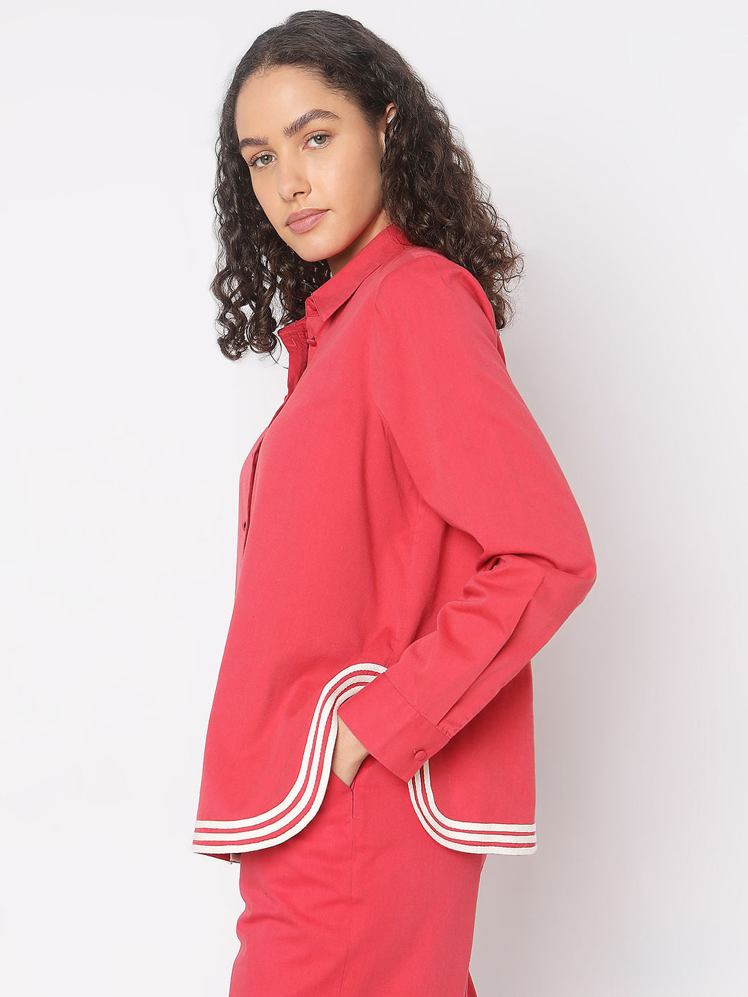 Red Contrast Hem Co-Ord Set Shirt