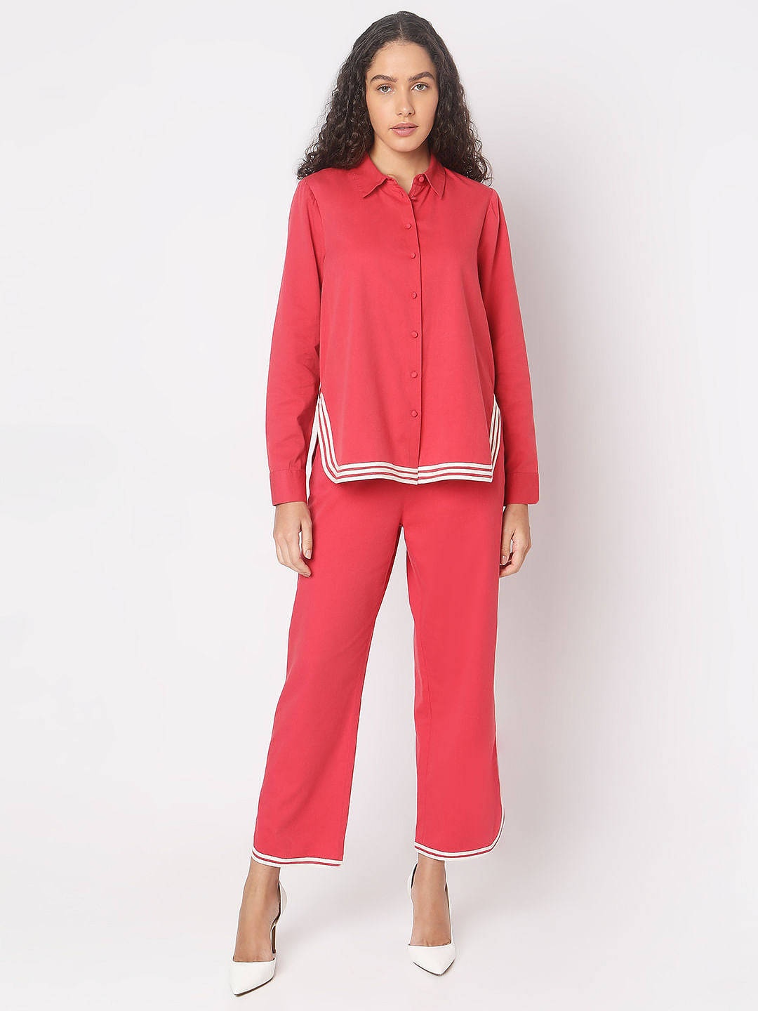 Red Contrast Hem Co-Ord Set Shirt