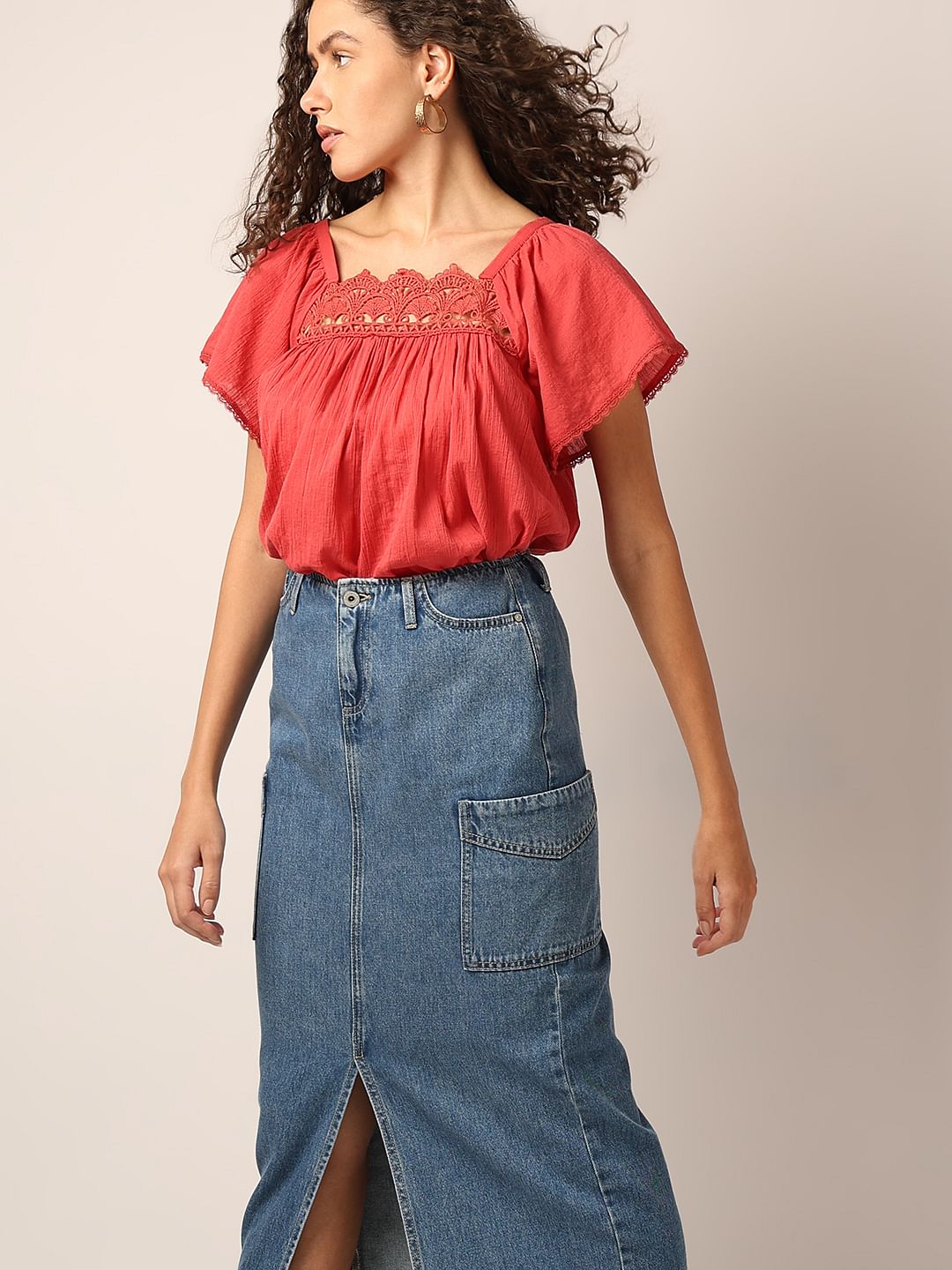 Red Lace Trim Cotton Top