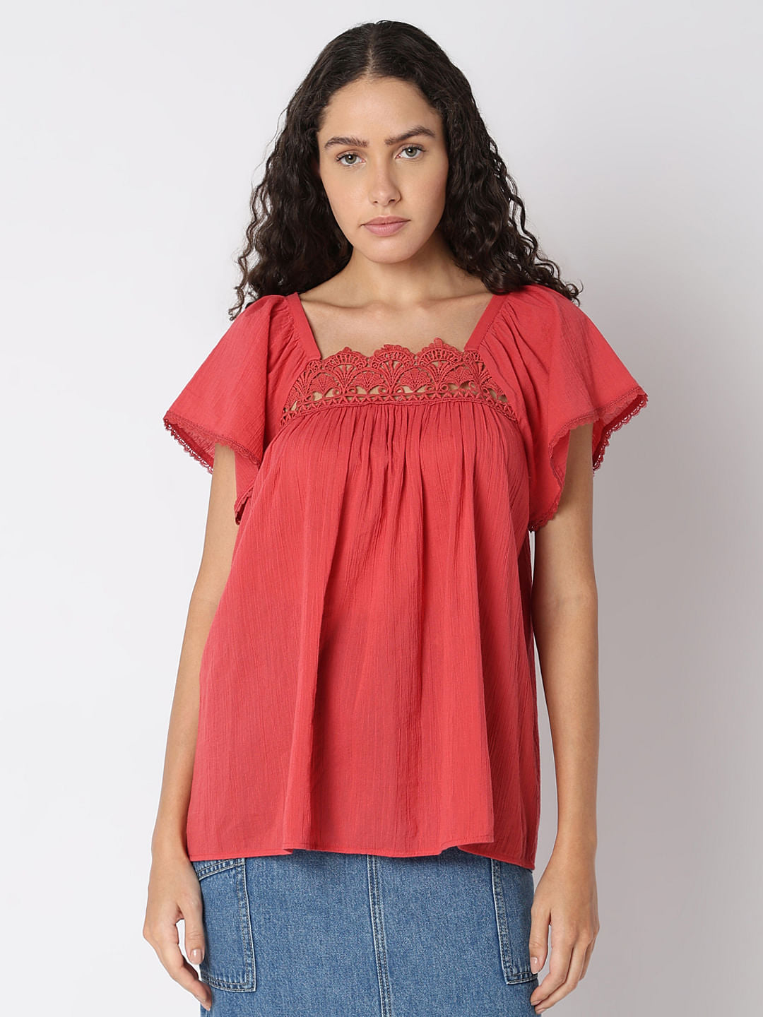 Red Lace Trim Cotton Top